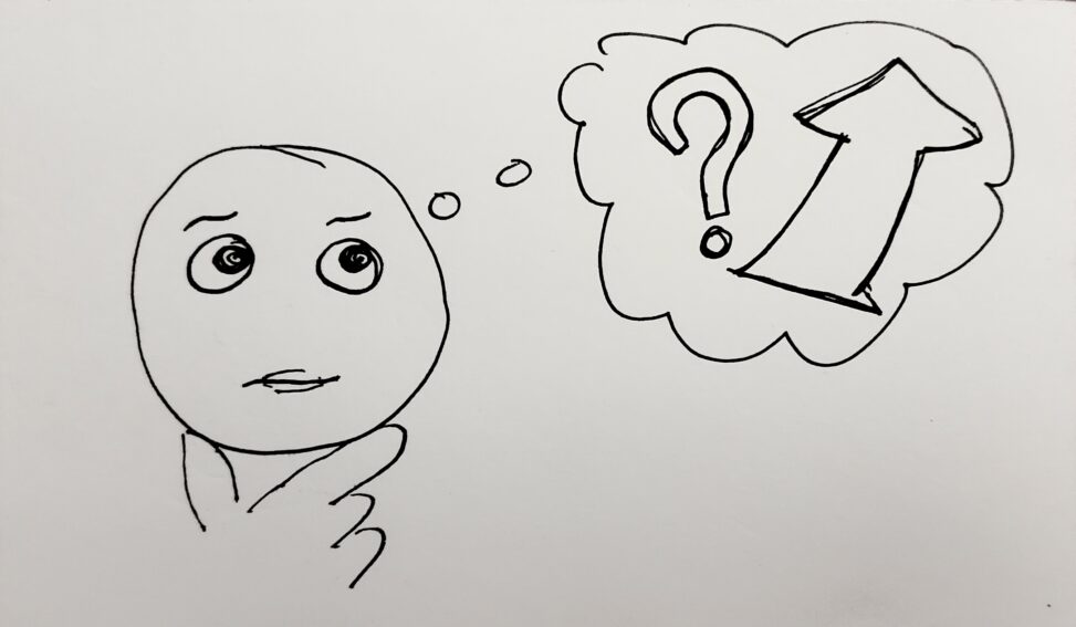 person with their hand on their chin thinking with a thought bubble of an upward arrow and a question mark