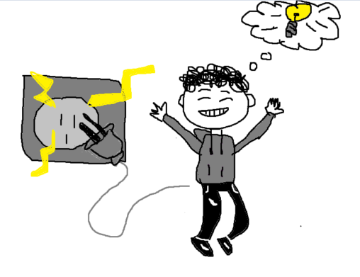 You can see a man that is extremely energized to the point of sparks shooting out meaning he is overloaded with energy he is also jumping up in the air with a smile on his face with both hands and feet kicking outwards with a cloud text bubble coming from his head where a light bulb is displayed he is plugged into the wall via socket and wire