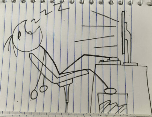 It is a stick picture of a person sleeping on there chair while the computer screen is on with his leg on the desk and one on the garbage can