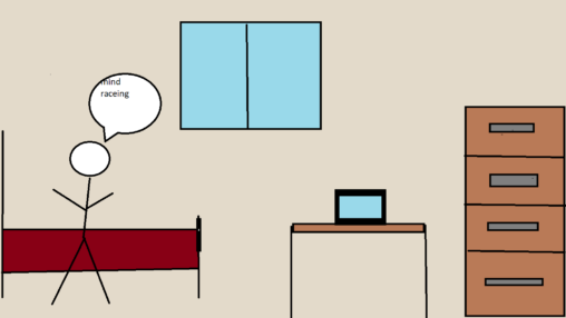 A stick figure in their bedroom with stress written in a text bubble. There is a dresser, computer and bed in the room that has one window.