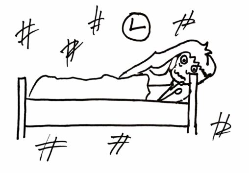Stick figure lying on the bed and looking depressed while the clock is hanging on the wall.