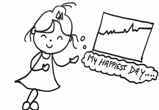 Stick figure girl looking happy while watching a graph of increased happiness.