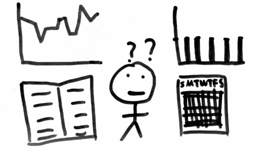 A figure with question marks on the head. One line graph, one bar graph, a notebook and a calendar.