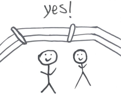 Two happy stick figures and one boxing ring with a “yes” at the top