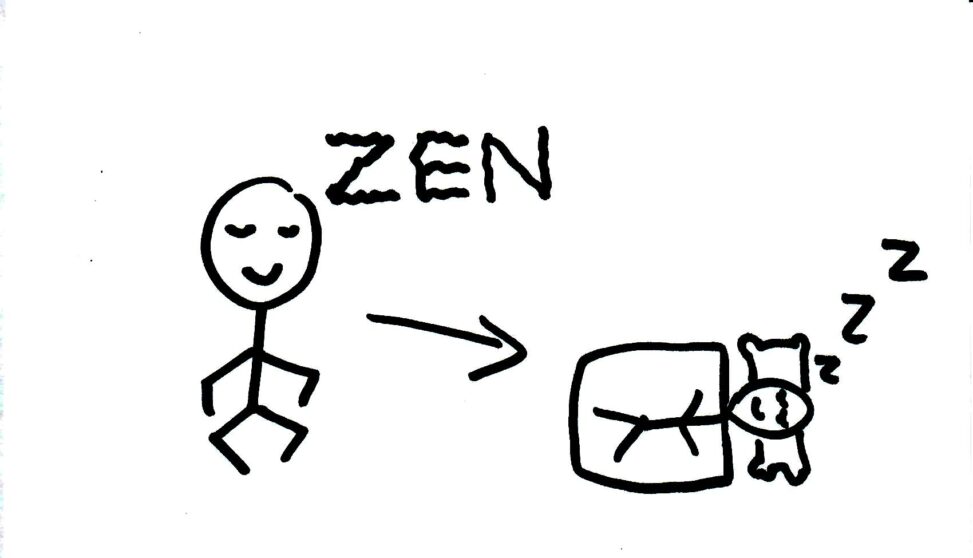 A person sitting on the ground feeling ZEN, and the same person sleeping soundly on the bed.