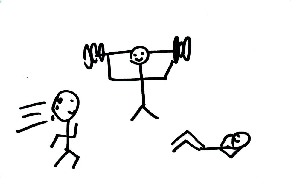 A person running, lifting weights, and doing crunches.