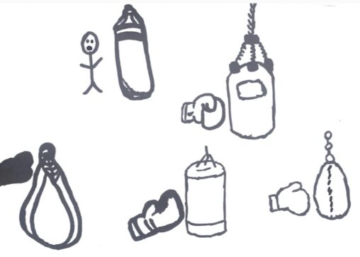 5 different boxing bags with 4 stick figures punching their own bags and one of them is scared to punch its boxing bag