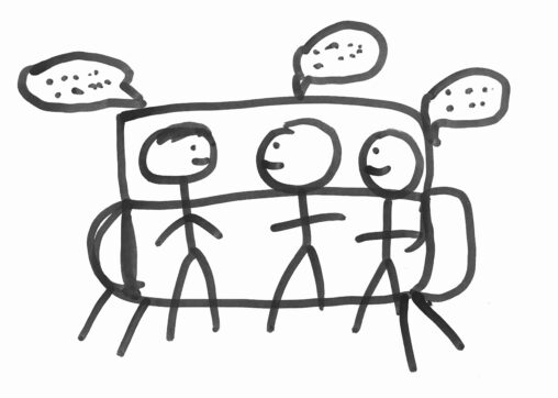 Three figures are on a couch. Each of them has a speech bubble on top of their heads.