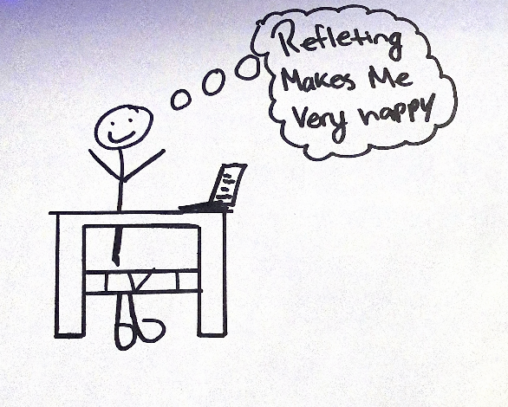 Stick figure at their desk reflecting on how something so small and simple has boosted their happiness.