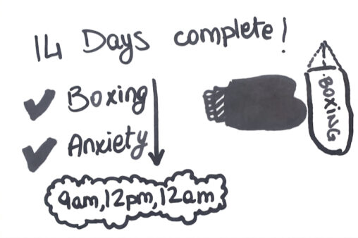 Boxing and anxiety are ticked and shown as level down in 14 days at 9am, 12pm, 12am and a drawing of a boxing bag and glove