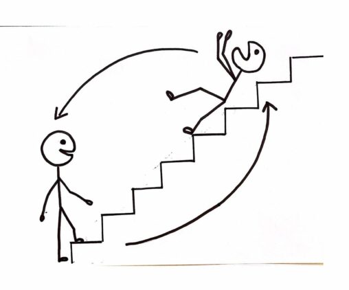 A stick figure falls down the stairs, however, it stands up and climbs the stairs again.