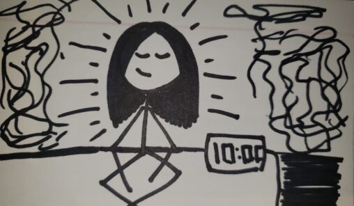 A girl sits on a mat smiling next to a timer that reads 10:00 and the background is scribbly.