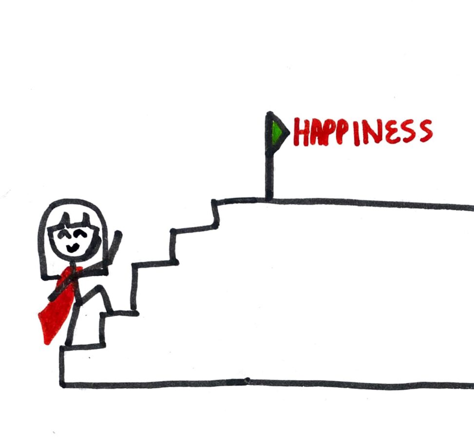 A person wearing red cape, walking up the stairs towards a sign labelled happiness.