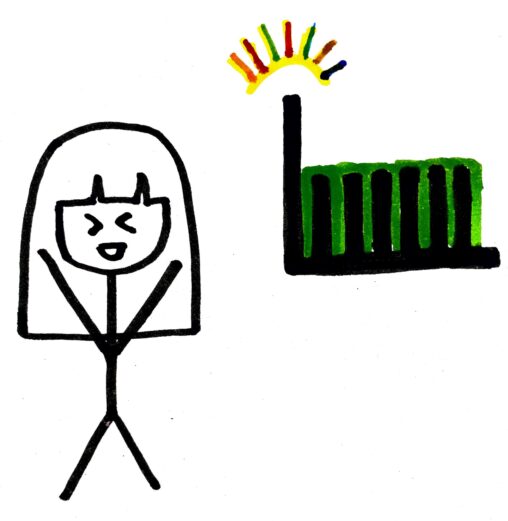 Happy stick figure with her arms in the air with a graph on her right