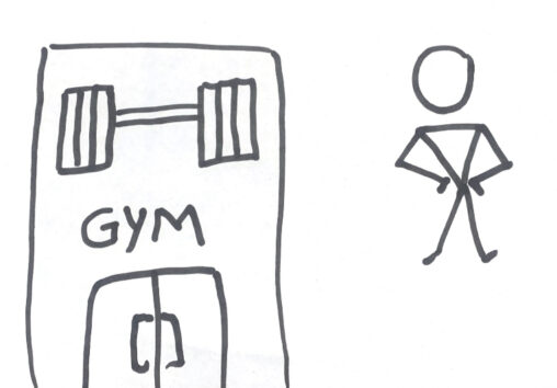 A confident stick figure standing by the gym doors and a weight in the building