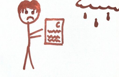 Stick Figure looks down at a poor grade that was received. Rain distant clouds are present, setting the tone.