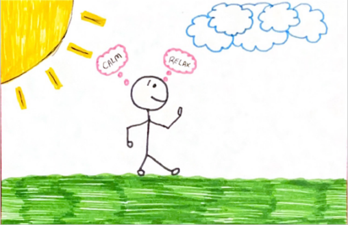The stick figure is going for a walk on fresh green grass, enjoying the sun with a smile. The figure is thinking calm and relaxed thoughts.