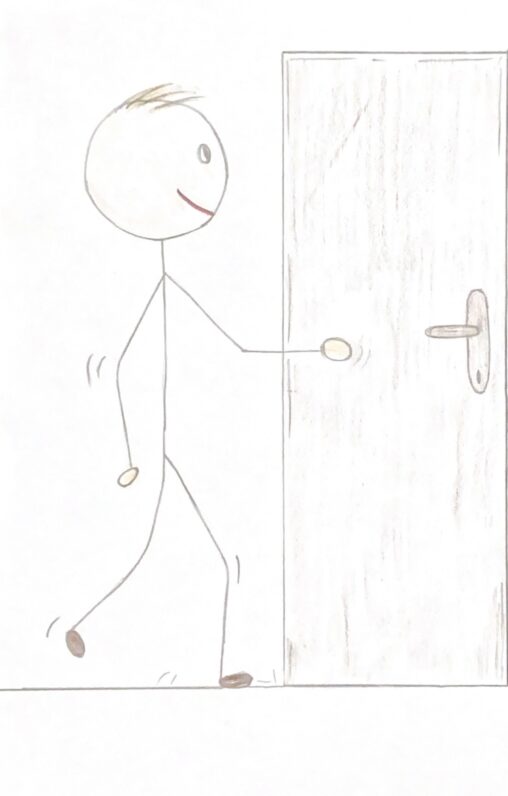 In the picture there is a stick man walking to the door to open it with a smile in his face