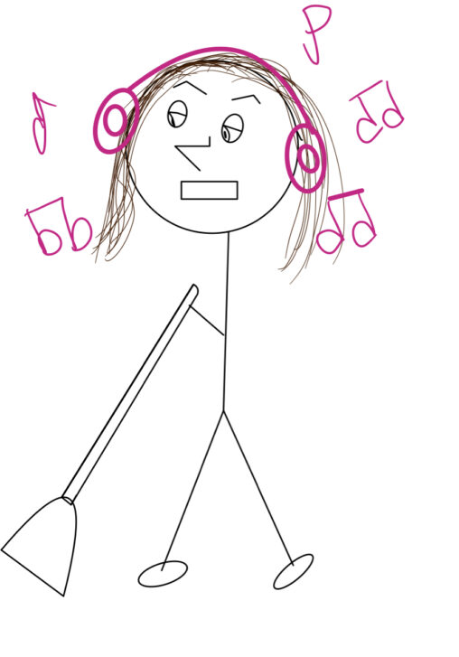 Anna drawn as a stick figure, is sweeping the floor with pink headphones on.