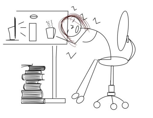 Anna, drawn as a stick figure is asleep in an office chair leaning against her desk as her computer is on and running. There is a pile of textbooks on the floor and a hot cup of coffee on the desk.