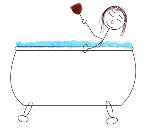 Anna, drawn as a stick figure, is relaxing in a bathtub filled with bubbles holding a glass of red wine.