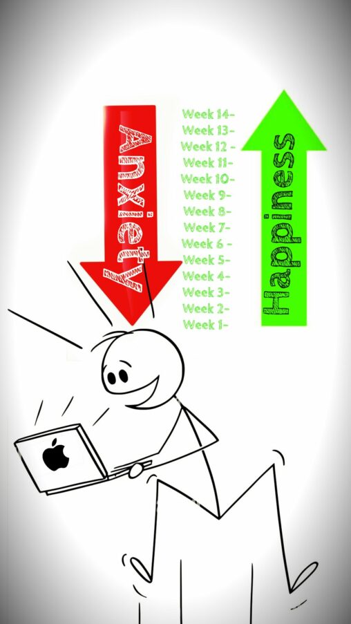 The stick figure in this image is seated in front of the laptop with a pleasant smile on its face. The individual appears to be confident after reaching the wellness project\'s aim. The two arrows represent the progression of the stick figers 14-day study project outcomes. The red arrow denotes anxiety, whereas the green arrow denotes happiness.