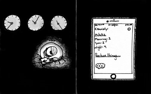 On the left slide: Person lying in the dark with the light of their phone showing their tired face with three clocks above them showing time passing. On the right side: A first-person view of a phone screen showing data collection.