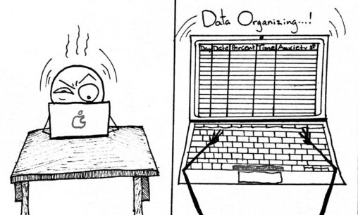 Left slide: person sitting at a computer showing an expression of concentration. Right slide: a first person view of the computer screen showing a data charts with words hovering above the screen reading, "Data Organizing".