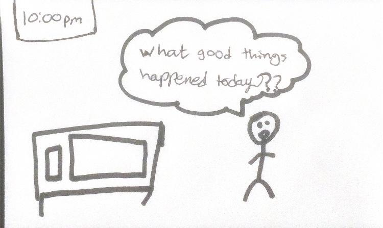 A stick-figure person goes to bed and thinks about what was good about today: a text shows that it is 10:00 pm.