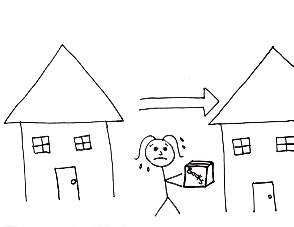 An exhausted looking girl carries a box labeled books. There is a house behind her and an arrow pointing to a new house which she is moving towards.