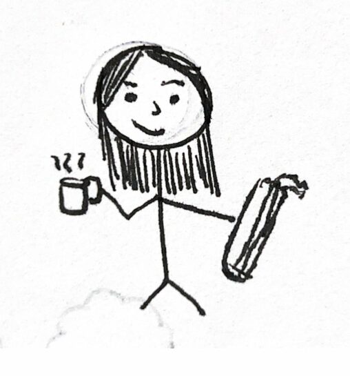 The stick figure, me, is standing with a cup of hot coffee in one hand and a gym bag in the other hand. There also is a smile on the stick figures face.