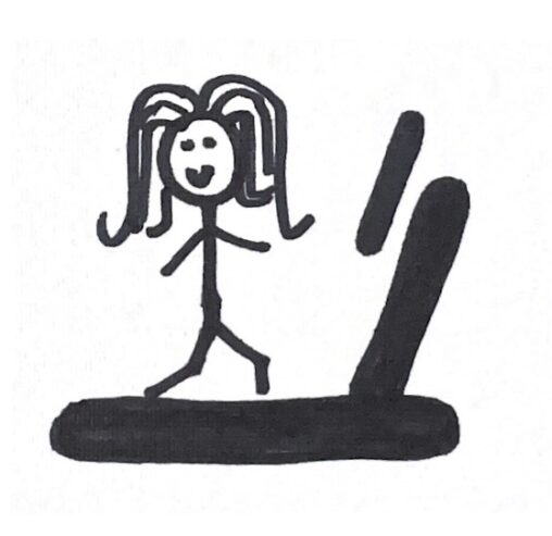 Stick figure is working out on the treadmill.
