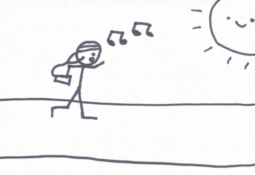Stick figure outside going on a run with phone in hand and headphones in and a headband on.