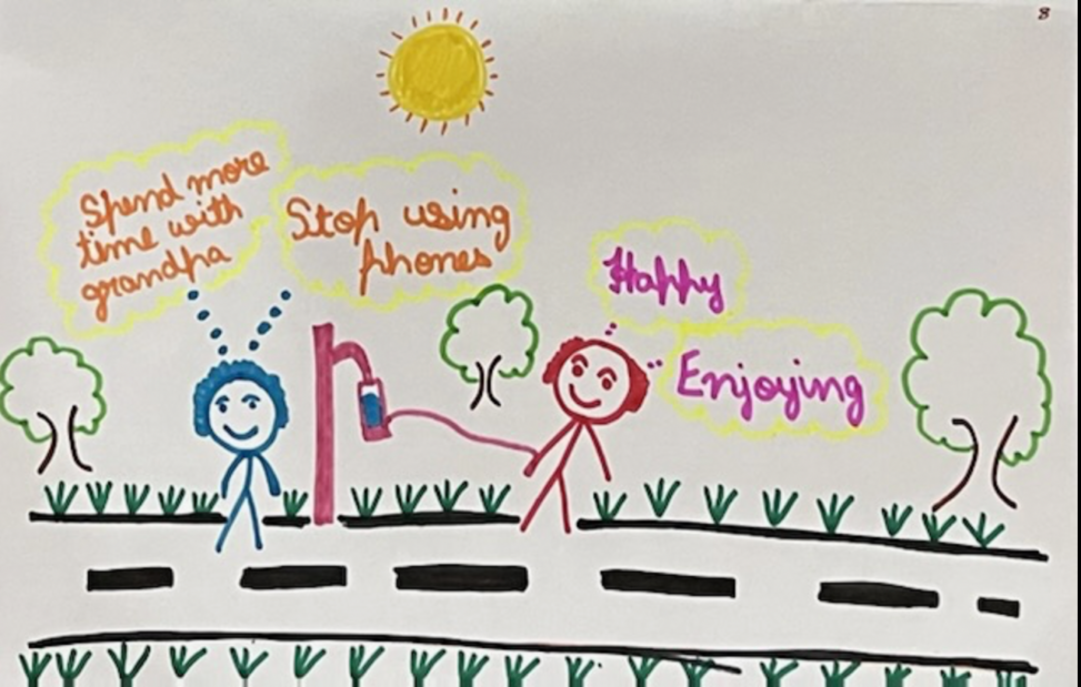 In this comic the stick figure is so happy and joyed that she is walking with her grandpa not playing in her phone.
