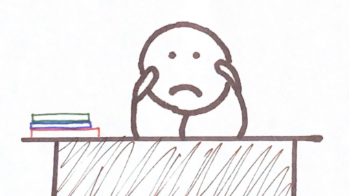 Stick person sitting at a desk, pouting with its hands on it\'s cheeks. A stack of 3 books on the left side of the desk.