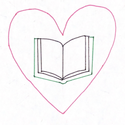 Open green book surrounded by a pink heart