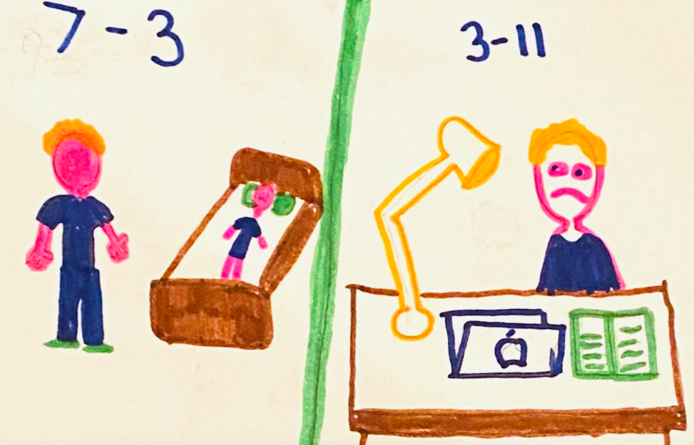 This comic is split down the middle displaying two different drawings. On the left side, there's a "7-3" displaying time, with a person standing next to another person laying in bed. On the right side, there's a person sitting at a desk with a lamp, computer, and notebook in front of him.