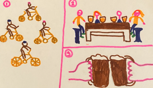 This comic is split into three different scenes. In the first scene, there is a group of people on bikes. In the second scene, there are four people sitting around a table enjoying drinks. In the last frame, there are two people putting their drinks together.