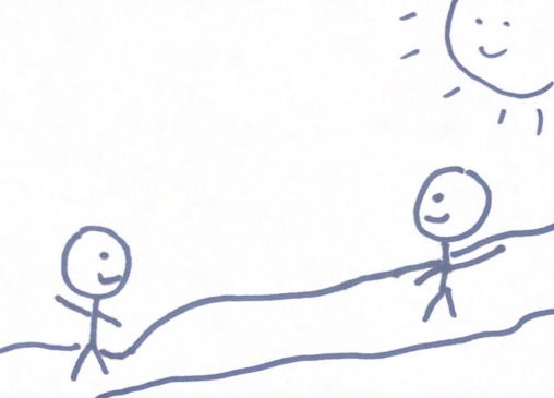 Stick figure going on walks in the park in a happy mood while waving to another stick figure.