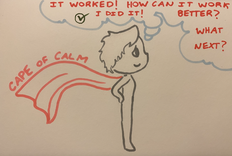 A figure wearing a "cape of calm" reflects on their success and wonders where to go next.