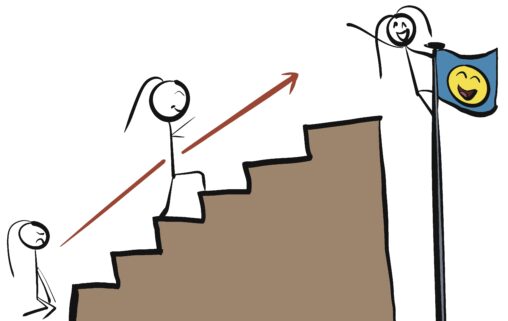 A person kneeling, a person climbing a staircase, a person on a flagpole and a red arrow line.