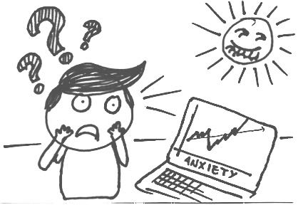 A man, with big questions marks over his head, is surprised by the upward tendency of an anxiety graph in his computer. The sun seems to be making a funny face at his reaction.