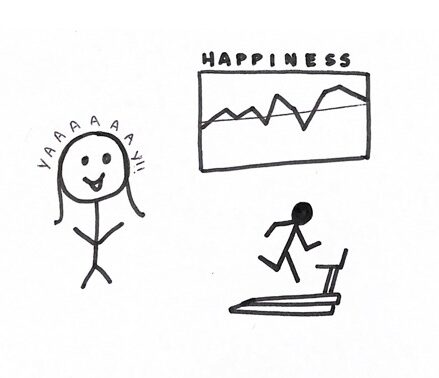 Stick figure smiling at her happiness level chart because it went up. There is also a stick figure running at the bottom right of the comic.