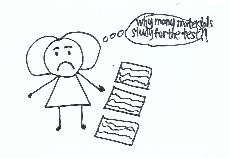 A stick person who had a face with unhappiness when she was thinking about her test.