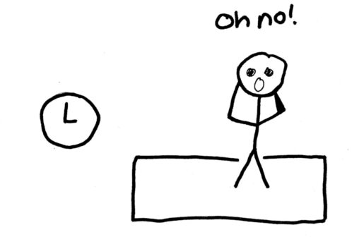 Stick figure is shocked and yells “Oh no!”. There is also a clock.