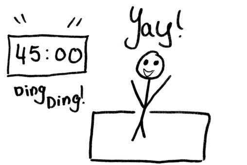 Stick figure on mat yells “Yay!” with joy after completing the workout. There is a clock/timer that says 45:00.