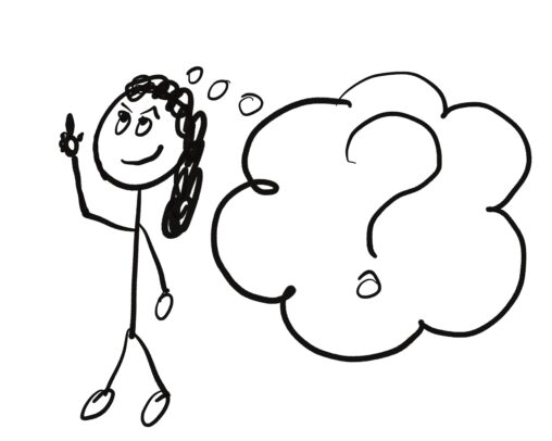 A person standing and point up with one arm. A big though bubble next to them with a question mark inside