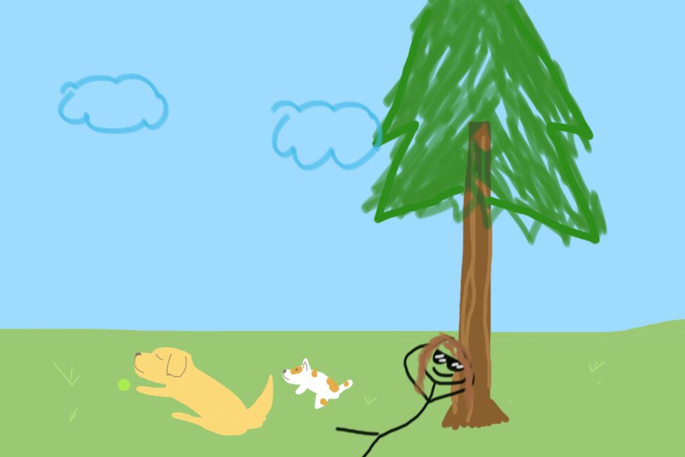 A stick figure lays against a tree in a field with two dogs