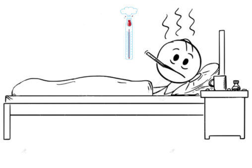 Person lying on the bed measuring body temparature with the help of thermometer.