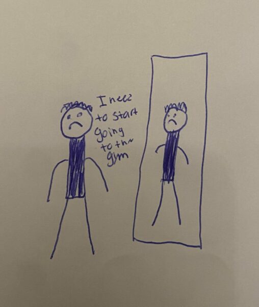 A stick figure looking into the mirror because he is unhappy about the way he looks.